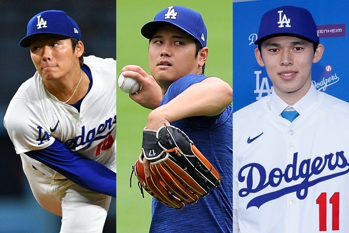 ドジャース自慢の侍３戦士。左から山本、大谷、佐々木。(C)Getty Images