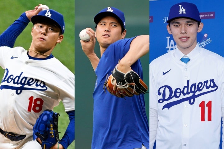 ドジャースに所属する侍３戦士。左から山本、大谷、佐々木。(C)Getty Images