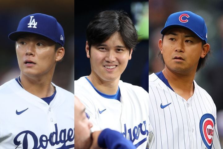 MLB開幕シリーズでの日本人投手対決に注目が集まっている。ドジャースの山本（左）と二刀流復活が期待される大谷（中央）とカブスの今永（右）(C)Getty Images