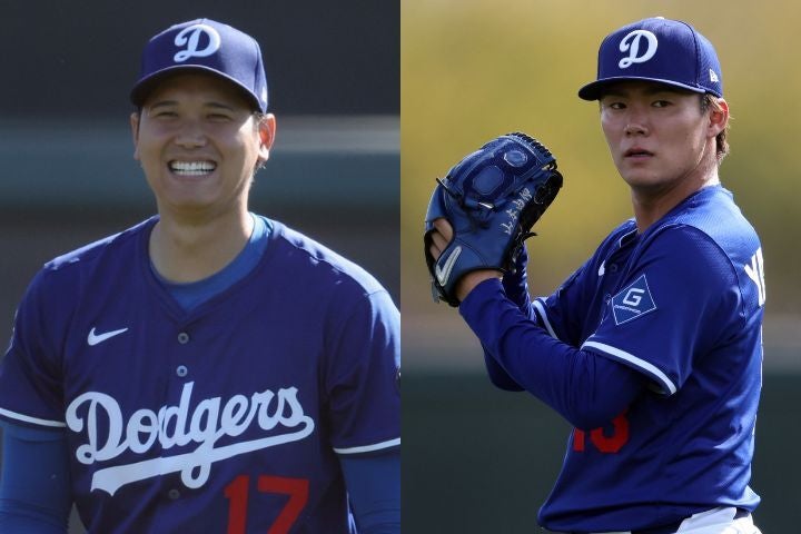 ドジャースの大谷（左）と山本（右）の掛け合いがファンの間で話題だ。(C) Getty Images