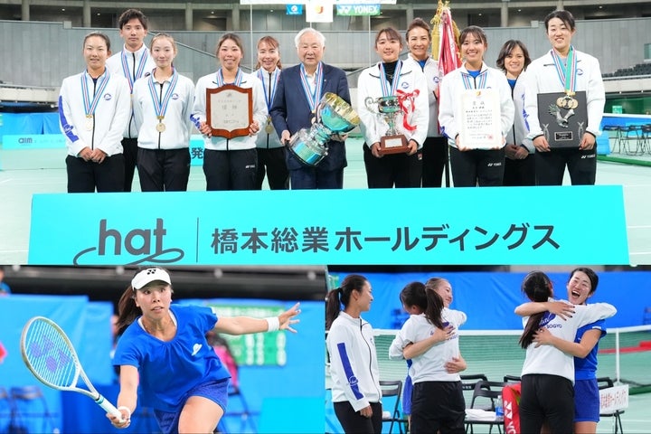 上＝テニス日本リーグ女子、２年連続５度目の優勝を飾った橋本総業ホールディングス。左下＝貴重な先勝を挙げたS2の坂詰姫野。右下＝優勝決め歓喜するメンバーたち。写真：田中研治（THE DIGEST写真部）