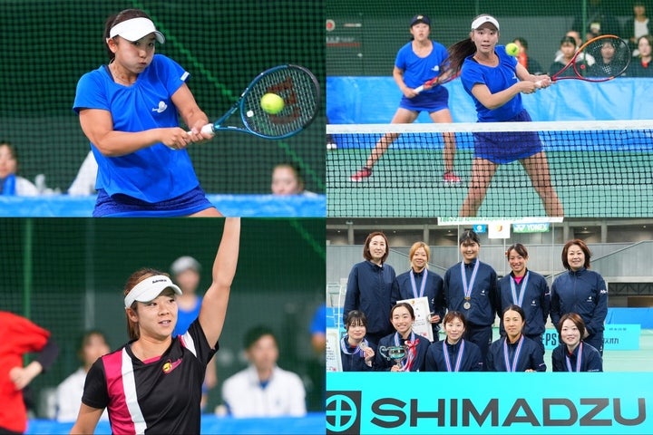 左上＝エースの重責を担った橋本総業HDの岡村恭香。右上＝盤石のダブルス、森崎／小堀がMVP。左下＝島津製作所に１勝をもたらした加治遥。右下＝準優勝の島津製作所。写真：田中研治（THE DIGEST写真部）