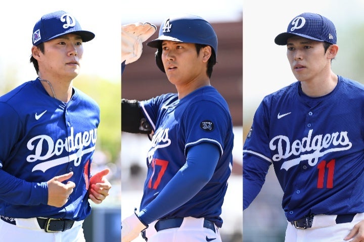 日本でのMLB開幕戦に出場する山本(左)大谷(中)佐々木(右)。(C) Getty Images