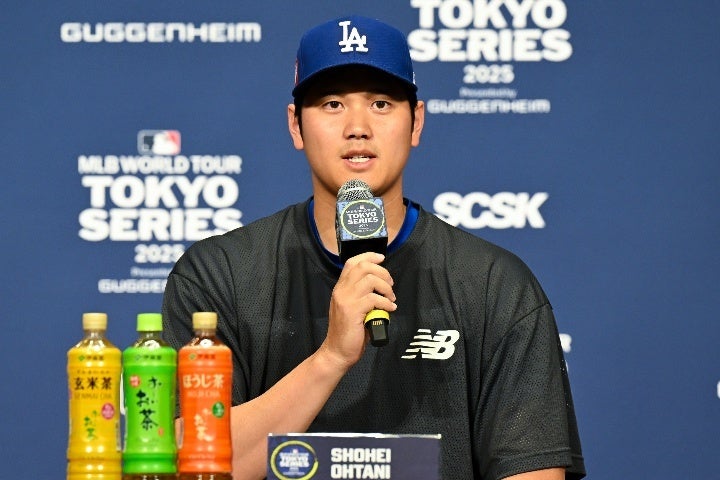 公式会見に出席した大谷。開幕シリーズへの意気込みを語った。(C) Getty Images