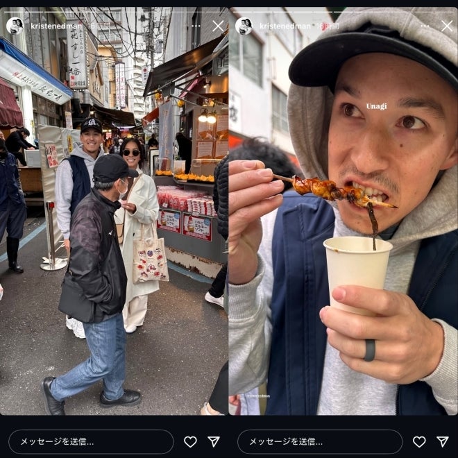 築地場外市場を堪能するエドマン夫妻（写真はクリステンさんの公式インスタグラムのスクリーンショット）。