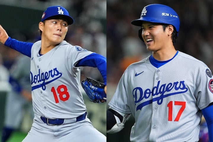 山本（左）が今季初勝利。大谷（右）はマルチ安打の活躍でドジャースが東京Sを先勝した。(C)Getty Images