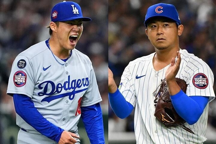 MLB開幕戦で史上初めて日本人投手同士で投げ合った山本（左）と今永（右）。軍配は前者に上がった。(C) Getty Images