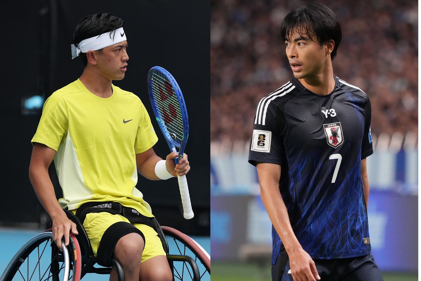 サッカー日本代表のW杯最終予選を観戦した車いすテニス世界１位の小田凱人（左）は、試合後にSNSを通じて「最高にcoolでした！」と感激のコメントとともに、三苫薫選手との２ショットや自身がサッカーをしていた当時の写真も公開した。（C）Getty Images