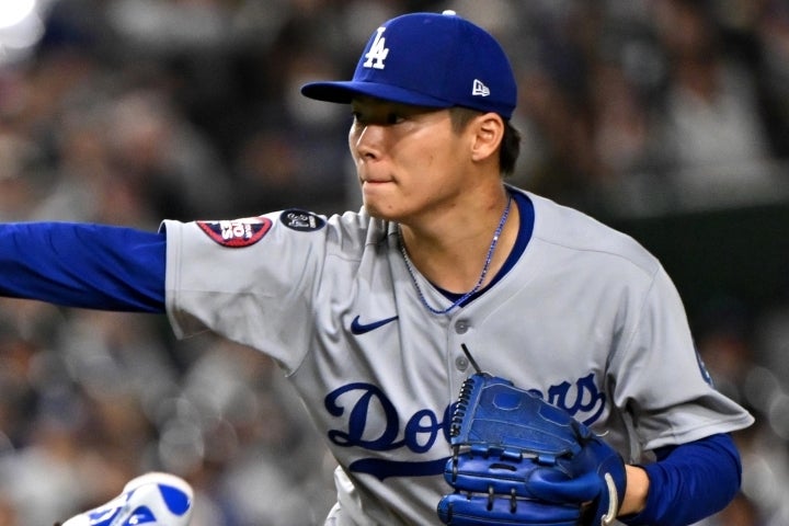 東京シリーズの開幕戦で先発して勝利投手となったドジャースの山本。(C)Getty Images