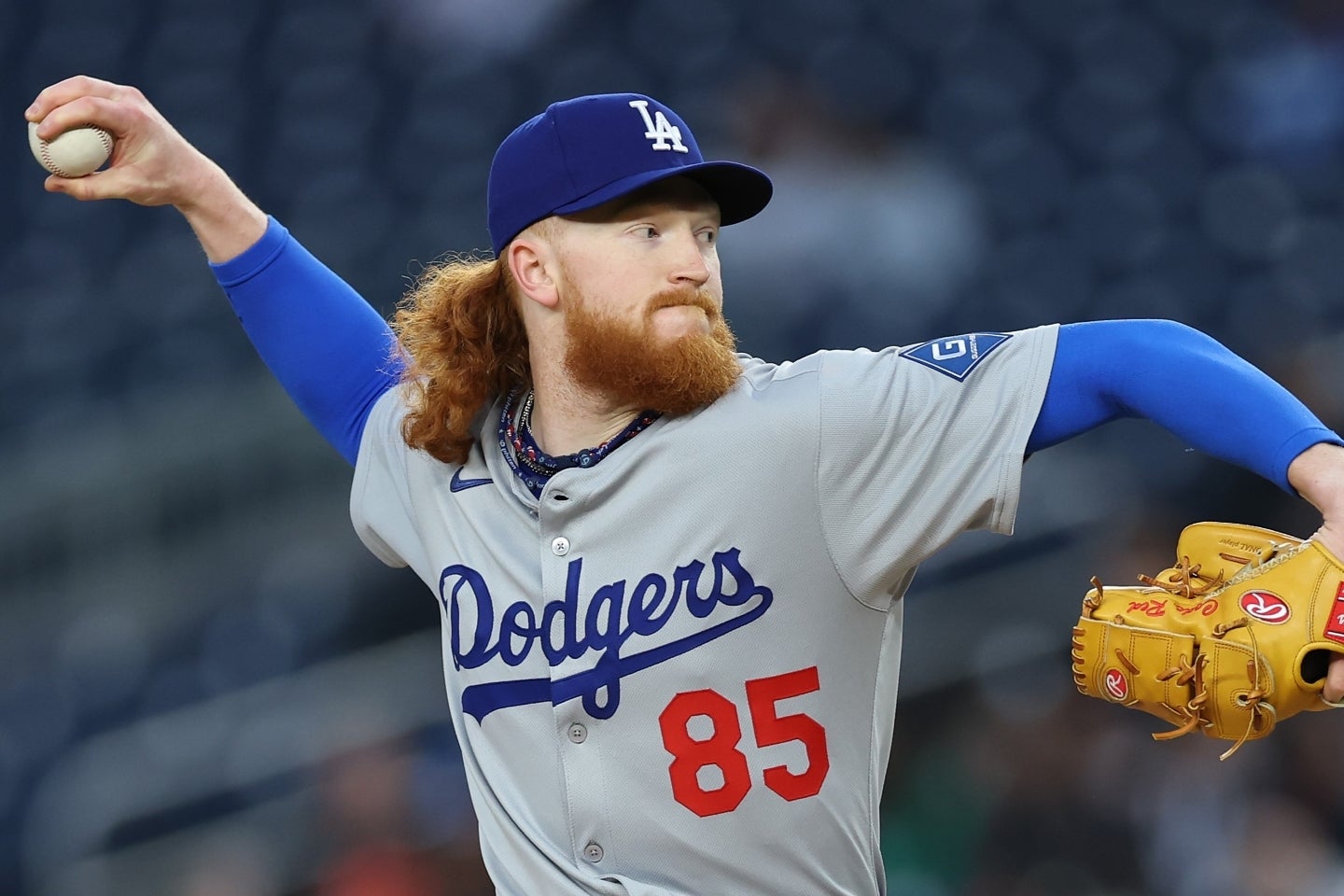 ライリーに２本の本塁打を打たれたドジャースの先発メイ。(C)Getty Images