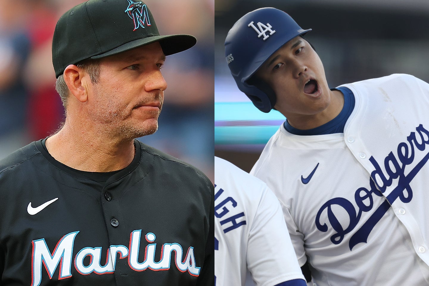 試合前に楽しげな様子で会話する姿を見せたドジャースの大谷翔平（右）とマーリンズのマッカロー監督（左）。(C) Getty Images