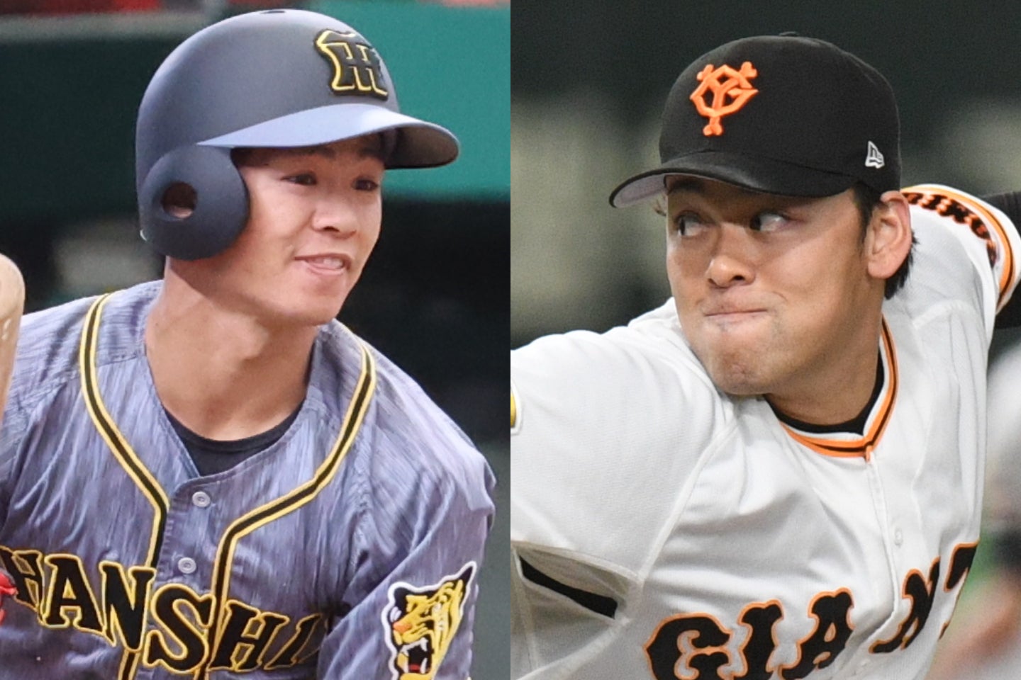 巨人の高梨雄平投手（右）が阪神の中野拓夢内野手（左）にデッドボールを当ててしまい、東京ドームは一時騒然となった。写真：THE DIGEST / Getty Images