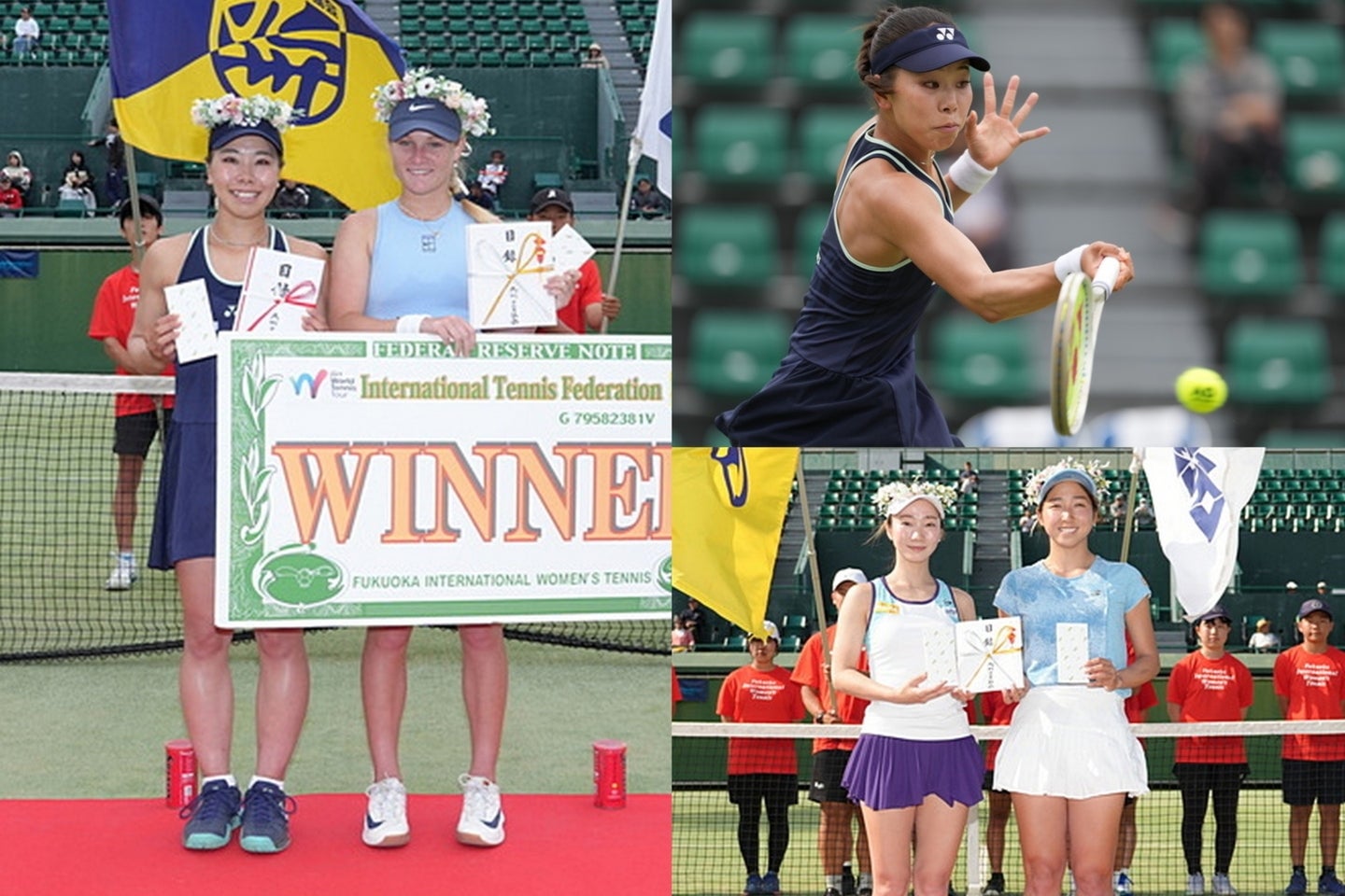 【写真左】シングルス準優勝の坂詰姫野と優勝のジョーンズ。【右上】坂詰の強力なフォアハンド。【右下】ダブルス優勝の小堀桃子／清水綾乃。写真提供＝福岡国際女子テニス事務局