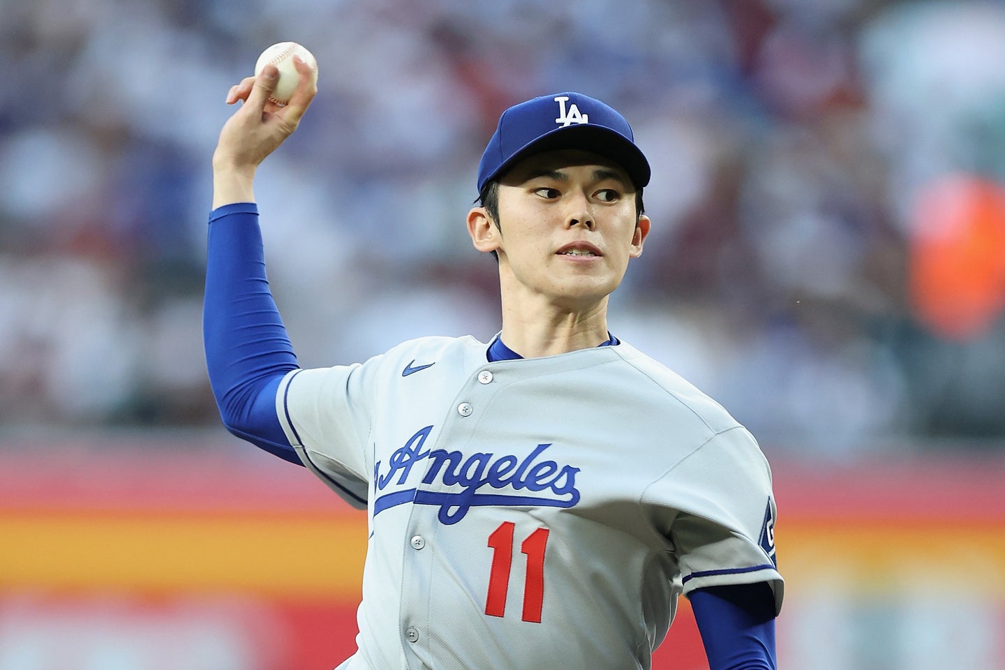 「右肩のインピンジメント症候群」のためIL入りとなったドジャースの佐々木朗希。(C)Getty Images
