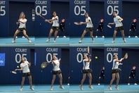 厚いグリップでヘビースピンを打つ伊藤あおい選手。右足を横ではなく前に踏み込み（３コマ目）、身体のひねり戻しを使って（３～６）、力を前に入れて振る（７）ことを意識している。写真：THE DIGEST写真部