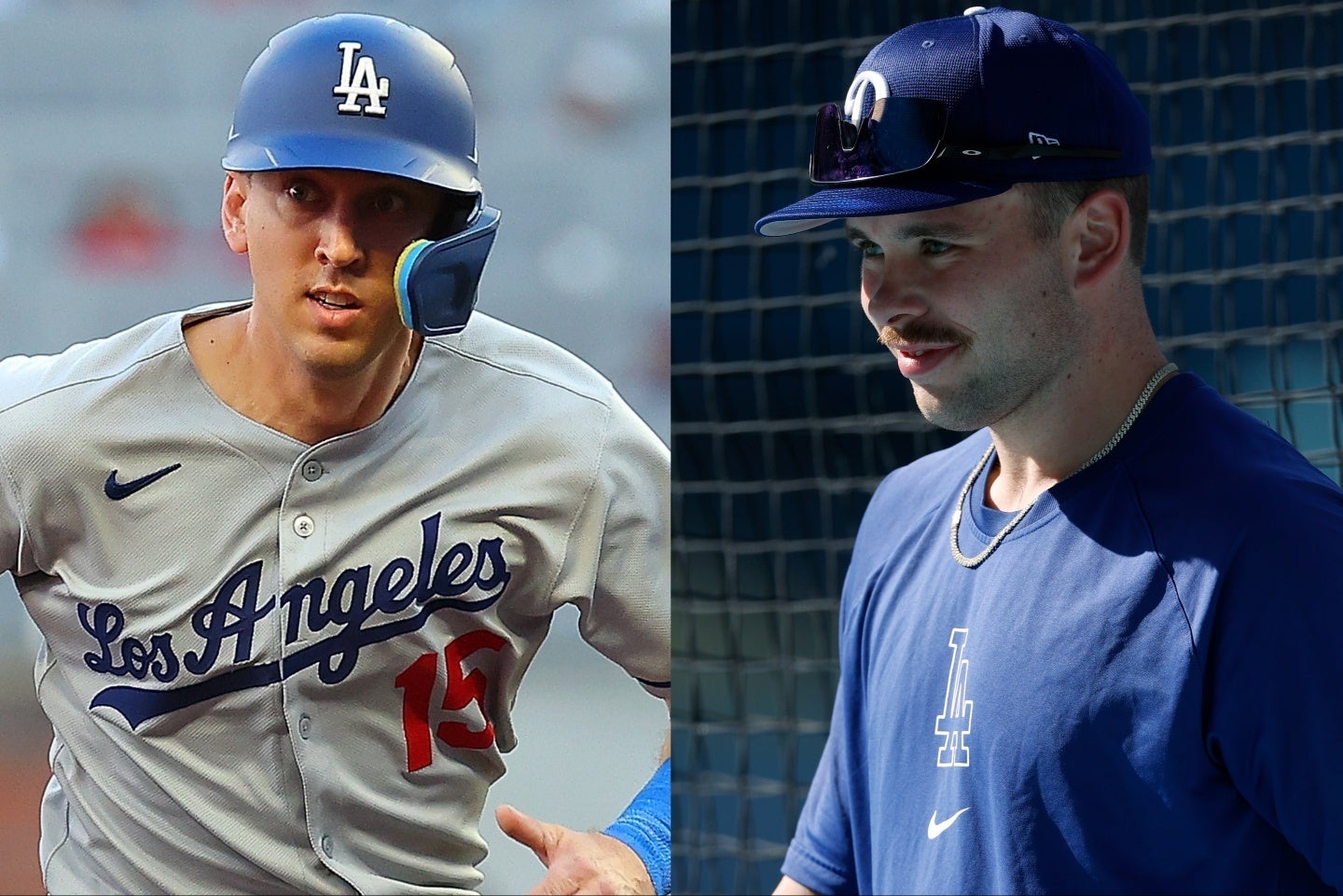 ドジャースは、ラッシング（右）の昇格、オースティン・バーンズ（左）を戦力外とした。(C)Getty Images