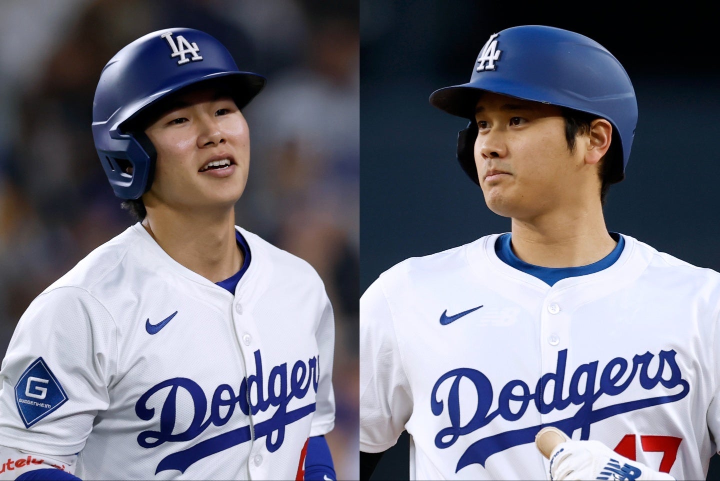 １号弾を放ったキム・ヘソン（左）を大谷（右）は笑顔で出迎えた。(C)Getty Images