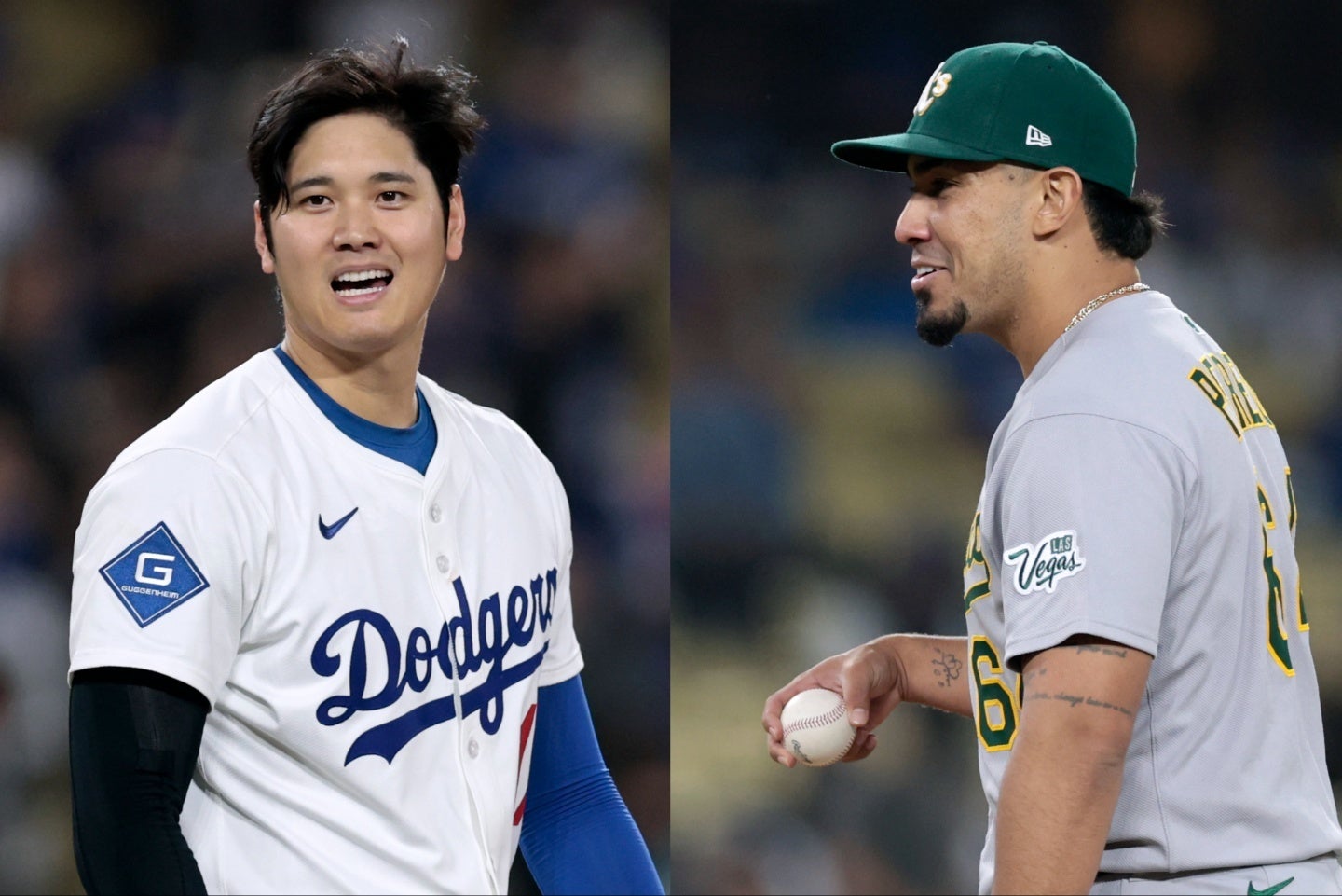 本職は捕手のペレイダ（右）が大谷（左）を打ち取った。(C)Getty Images