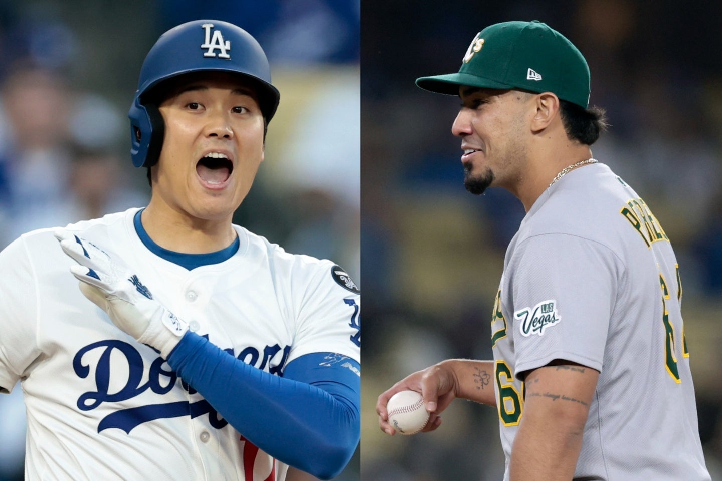 大谷（左）から空振り三振を奪ったア軍のペレダ（右）。対戦した時の恐怖体験を告白した。(C)Getty Images