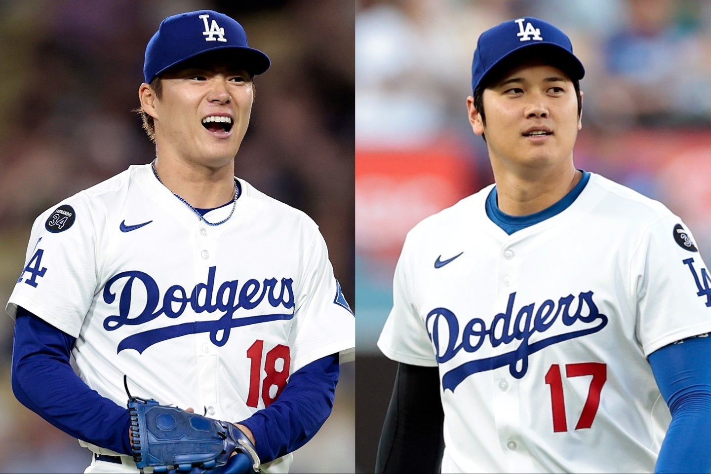 山本（左）の快投を大谷（右）が祝福した。(C)Getty Images