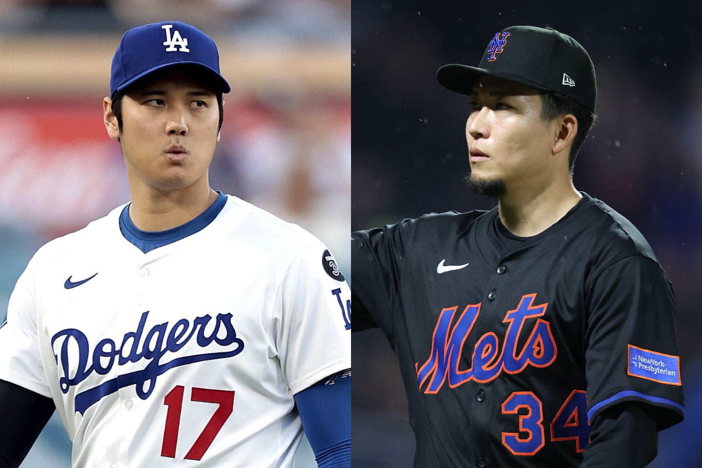 試合前に交流したドジャースの大谷とメッツの千賀。(C)Getty Images