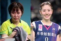 卓球の平野（左）とバドミントンの志田（右）。競技の枠を越えた交流に異国が注目した。(C)Getty Images