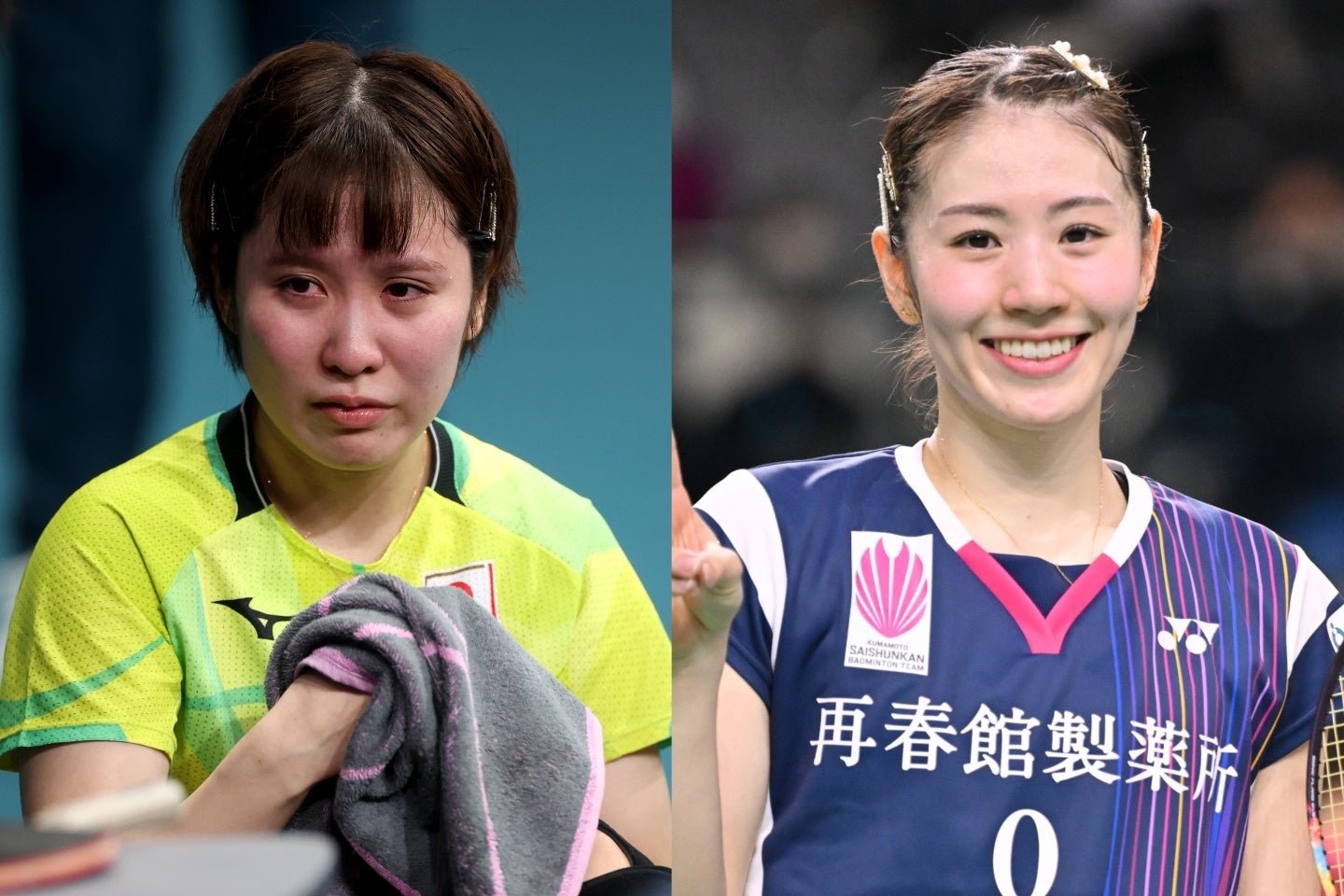 卓球の平野（左）とバドミントンの志田（右）。競技の枠を越えた交流に異国が注目した。(C)Getty Images