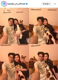 家族ショットを公開した村上さん。夫の豊さん、愛犬２匹が登場した。（画像は村上佳菜子さんの公式インスタグラムより）