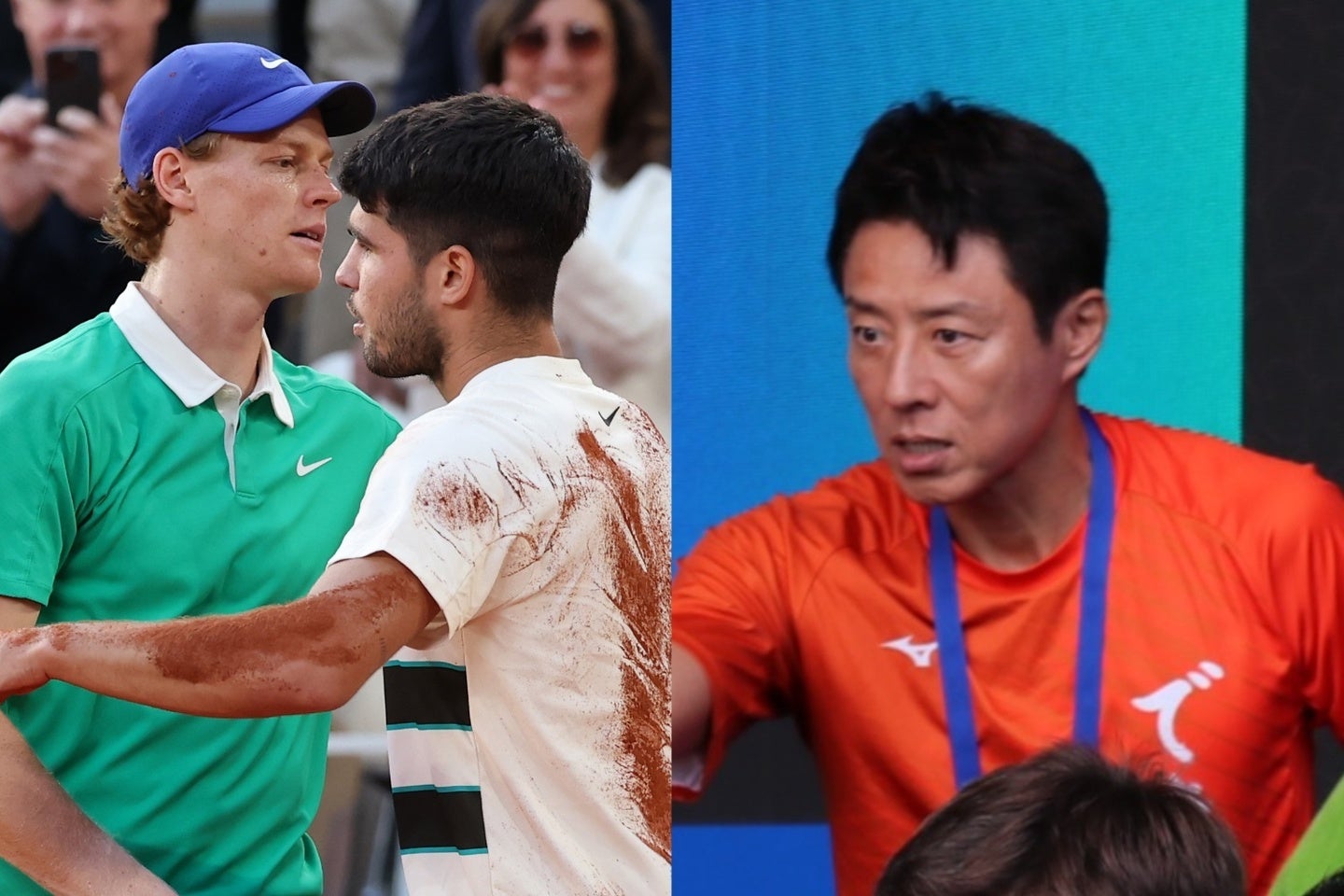 松岡氏（右）が、５時間29分もの激闘を繰り広げた２人を称えた。（C）Getty Images、スマッシュ写真部