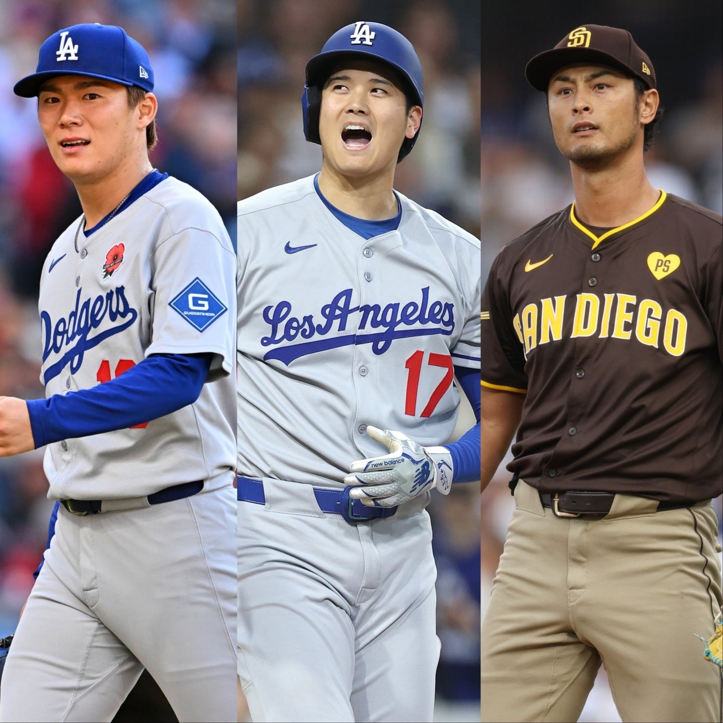 侍ジャパンが誇る豪華トリオ（左から山本、大谷、ダルビッシュ）が久々の揃い踏みを果たした。(C)Getty Images