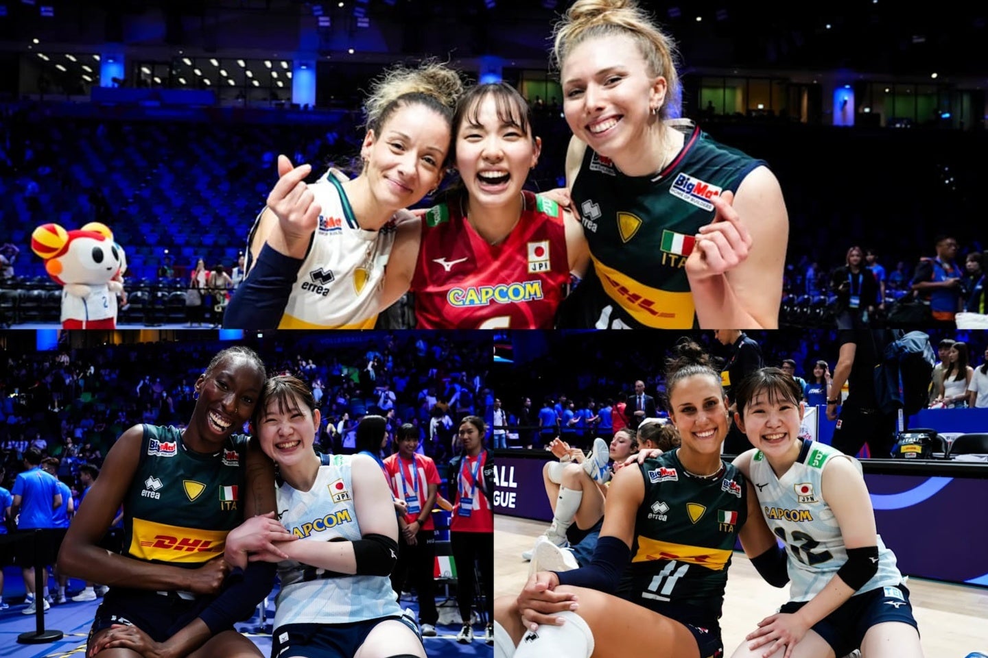 激闘後、日本とイタリアの選手たちは一緒に笑顔で記念撮影した。(C)Volleyball World