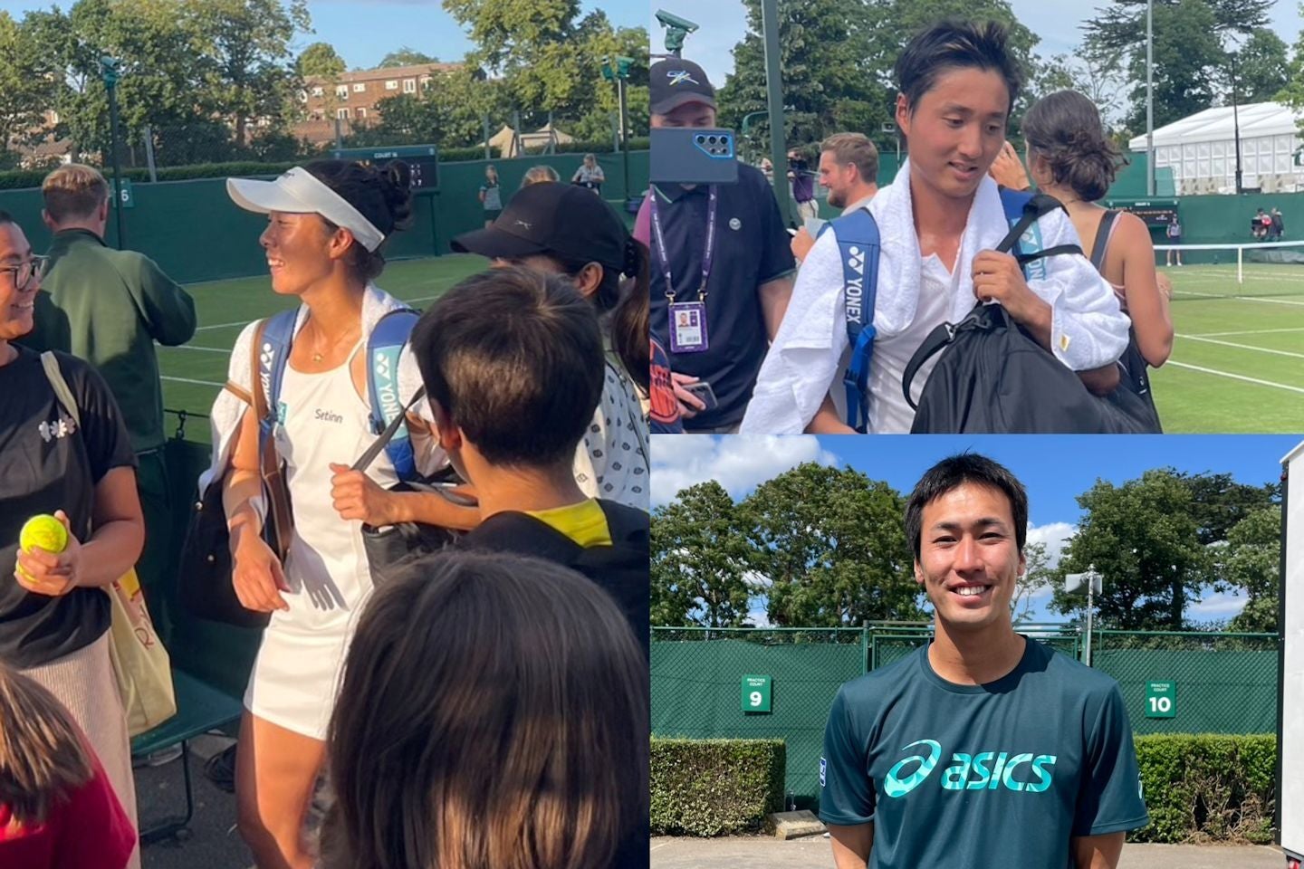 ウインブルドン本大会とは別会場で実施されている予選に出場している柴原瑛菜（左）、望月慎太郎（右上）、綿貫陽介（右下）が、本戦出場まであと１勝と迫った。写真：内田暁