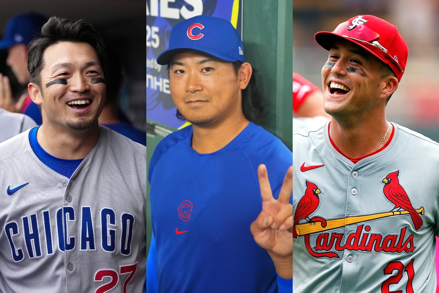 カブスの鈴木（左）、今永（中）、カーディナルスのヌートバー（右）が交流。(C)Getty Images