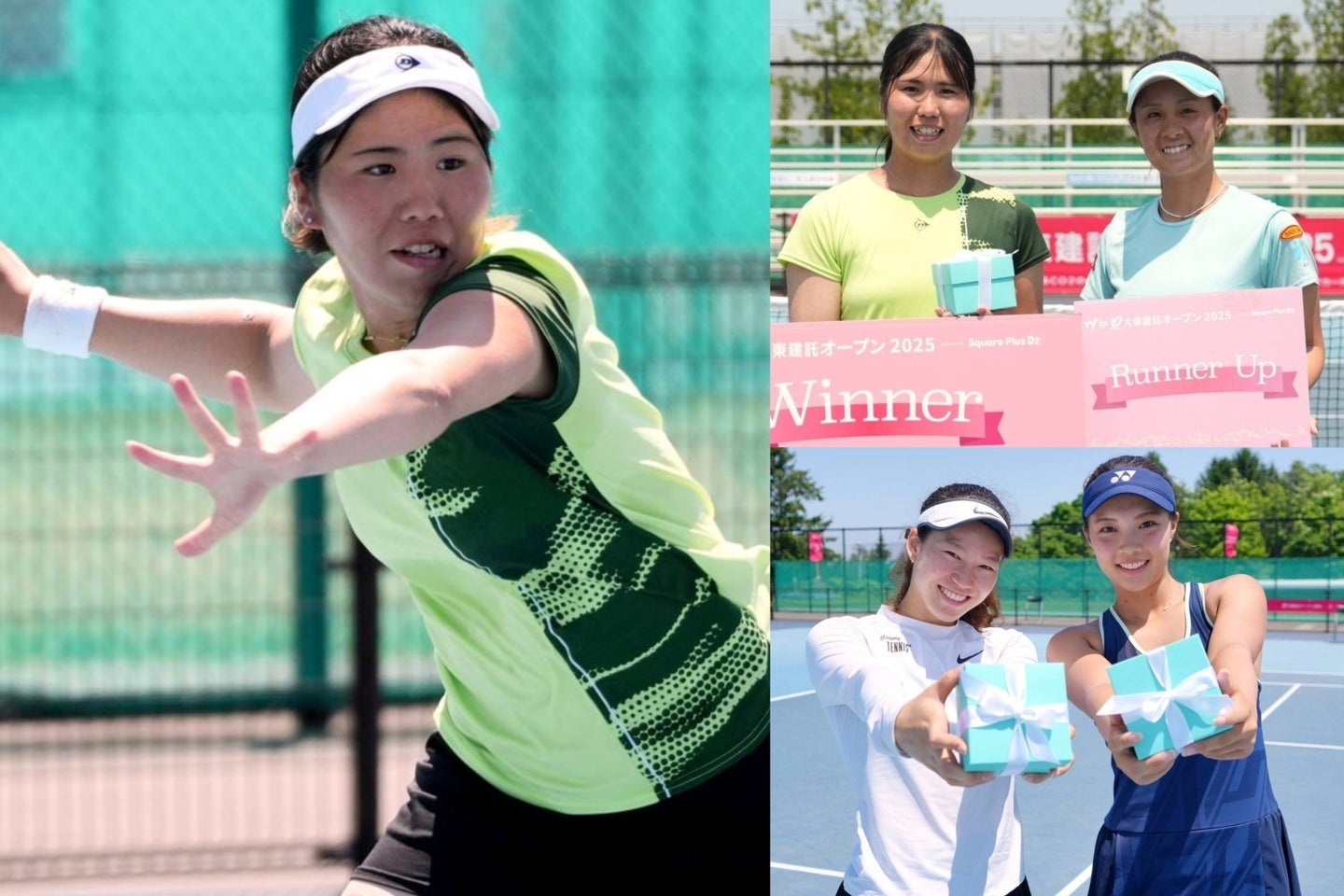 写真左＝前週に続いて「大東建託OP／札幌W15」を連覇した吉本菜月。写真右上＝単優勝の吉本と準優勝の宮本愛弓。写真右下＝複優勝の内島舞子／添田栞菜。写真提供：Square Plus