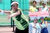 写真左＝前週に続いて「大東建託OP／札幌W15」を連覇した吉本菜月。写真右上＝単優勝の吉本と準優勝の宮本愛弓。写真右下＝複優勝の内島舞子／添田栞菜。写真提供：Square Plus