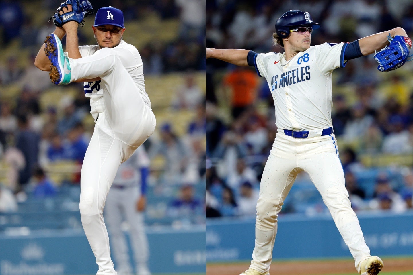 野手登録ながら今季投手として登板したド軍のロハス（左）とK.ヘルナンデス（右）。(C) Getty Images