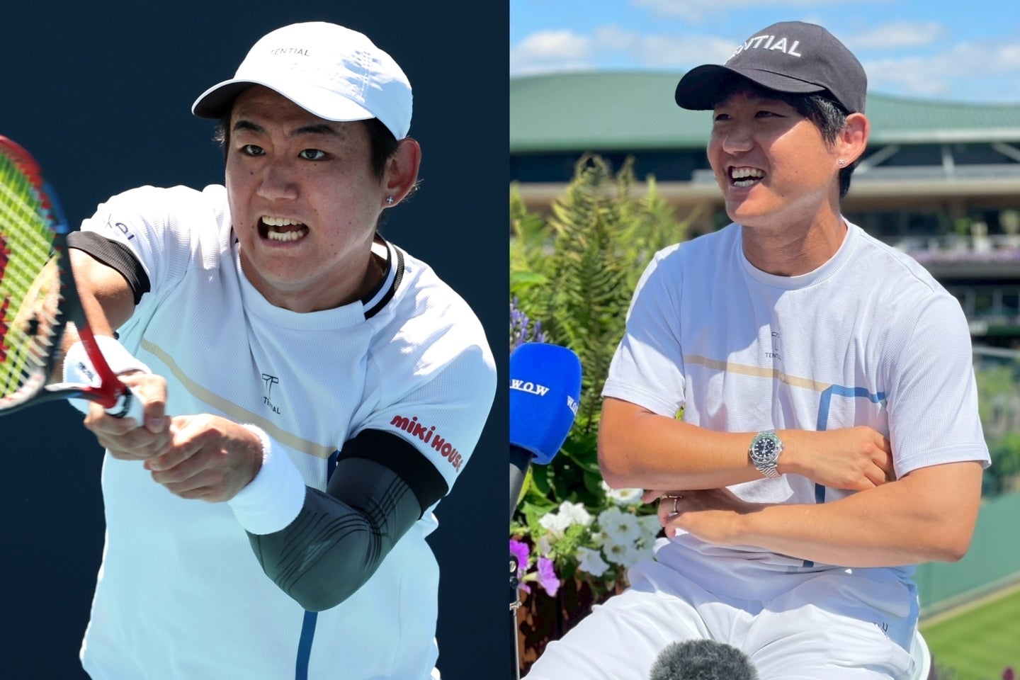 西岡良仁は大会２日目にディミトロフと対戦。「セカンド（サービス）でどれだけプレッシャーをかけるか」を鍵の１つに挙げる。写真：Getty Images（左）、WOWOW（右）