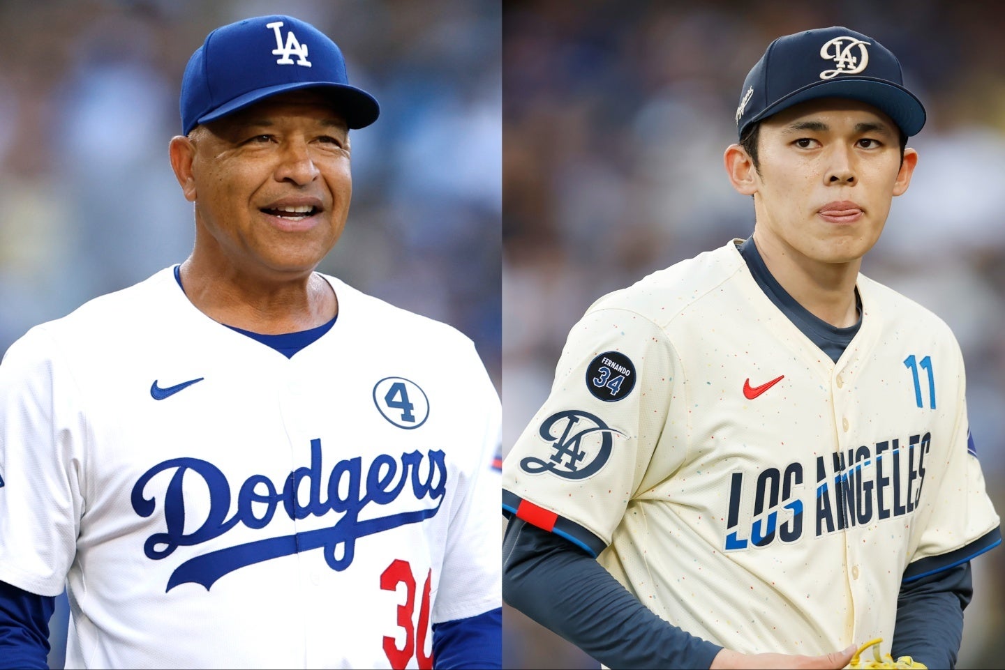 ロバーツ監督（左）は佐々木（右）の順調な回復ぶりに笑顔を見せた。(C)Getty Images