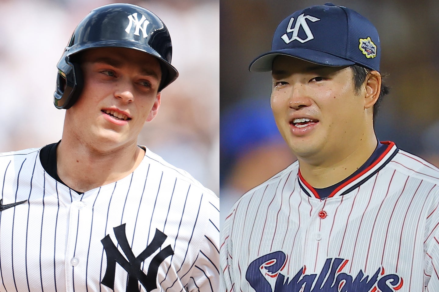 ヤンキースが放出を検討している内野手ライス（左）とメジャー挑戦を目指しているヤクルトの村上（右）。(C)Getty Images　／　写真：福富倖希