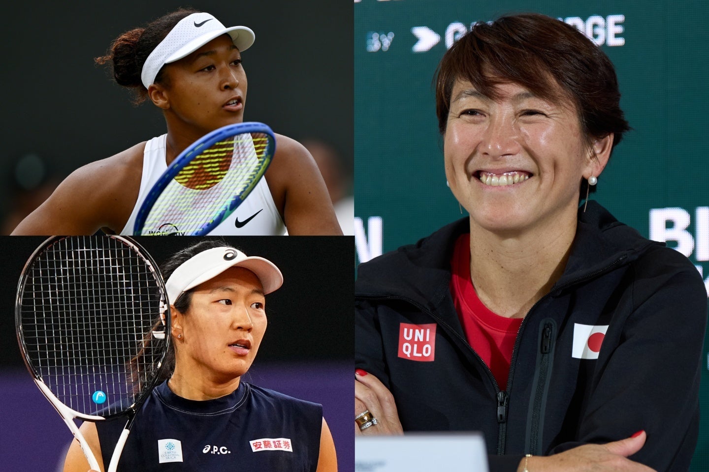 杉山監督（右）は、日本ランキング１位の大坂（左上）や、ファイナル予選でエースとして活躍した内島（左下）らを日本代表に選出した。（C）Getty Images