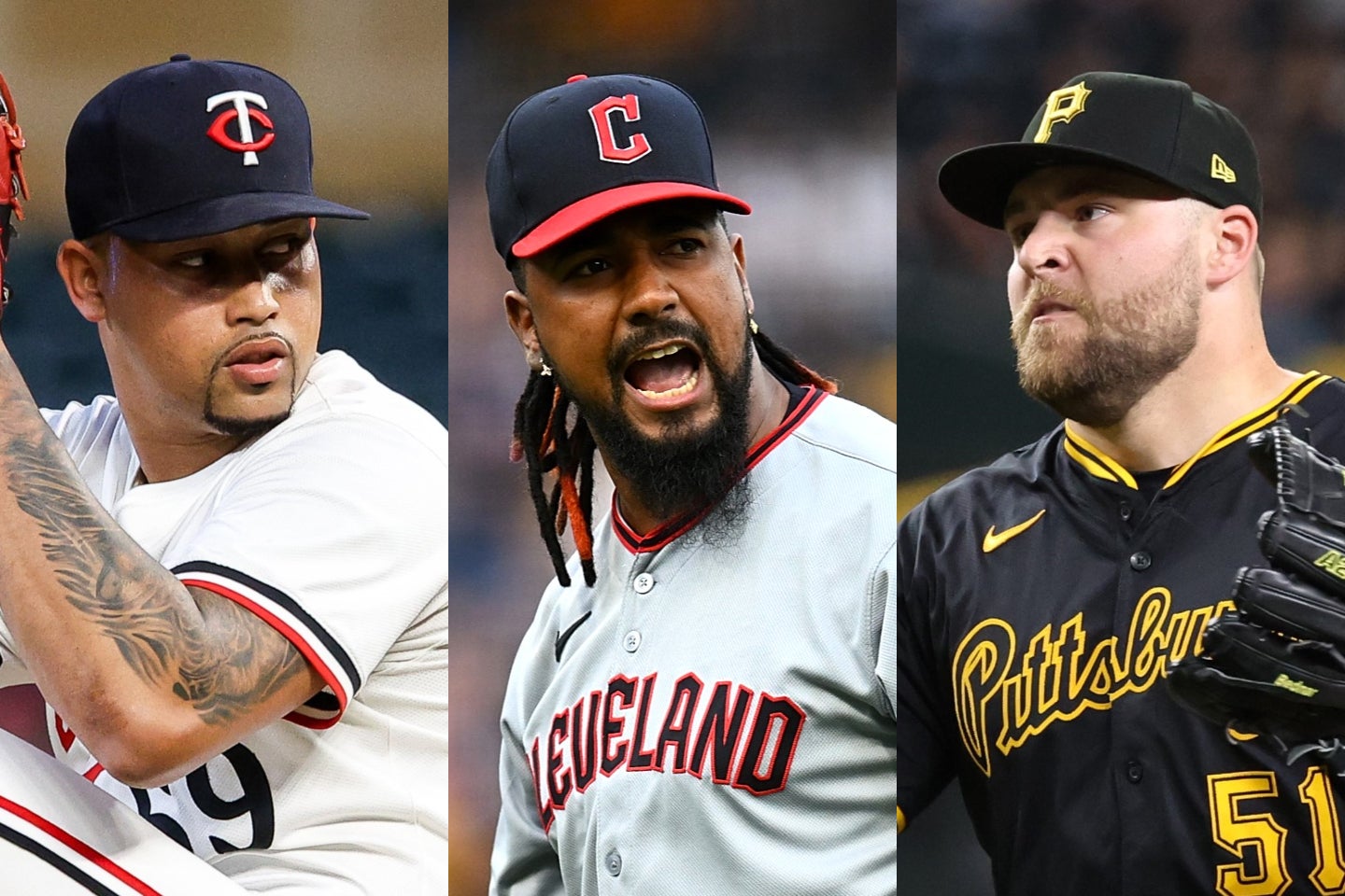ドジャースの補強候補に名前が挙がったのが、（左から）ツインズのデュラン、ガーディアンズのクラッセ、パイレーツのベドナー。(C)Getty Images