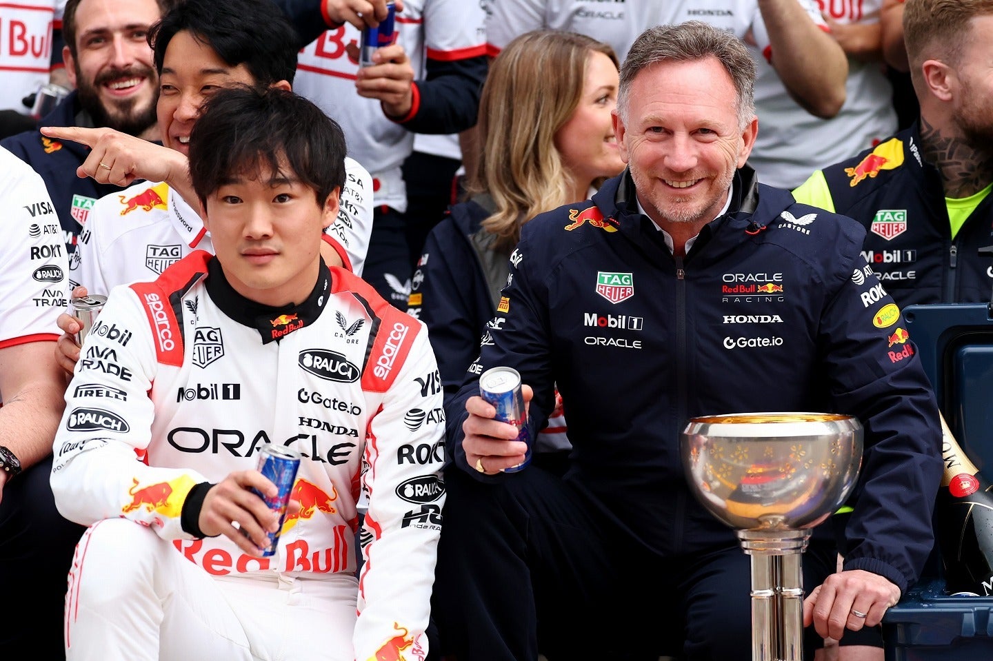 ホーナー前代表（前列右）からメッセージを受けたと明かした角田（前列左）。(C)Getty Images