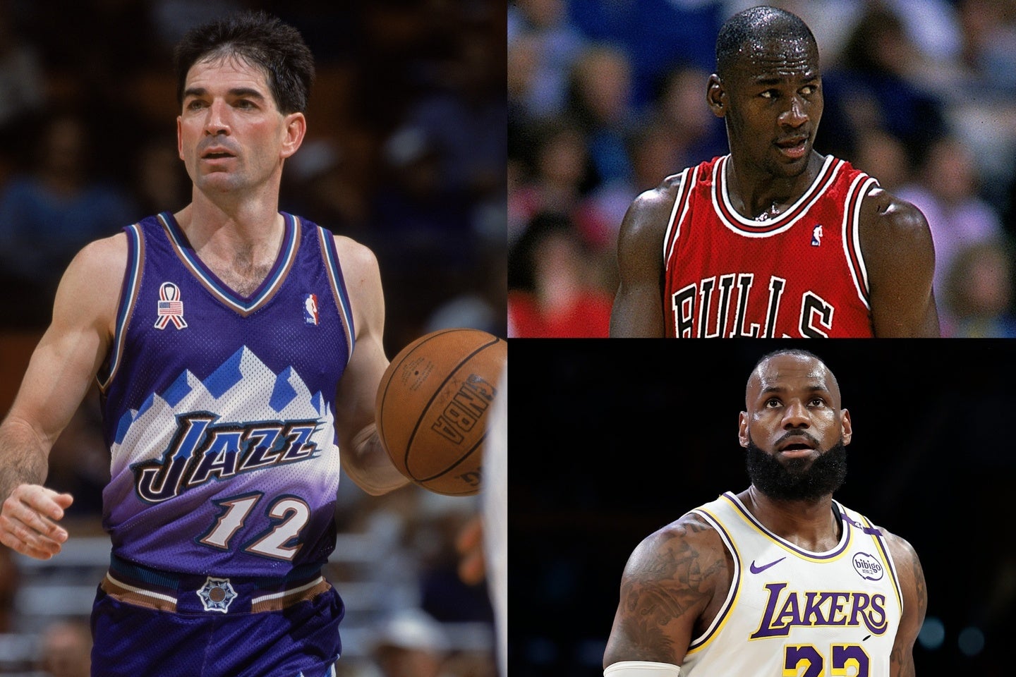 ポリニスがTOP5にジョーダン(右上)やレブロン(右下)ではなく、ストックトン(左)を選んだ理由とは。(C)Getty Images