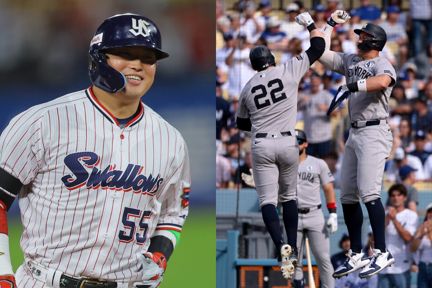 復帰戦で本塁打を放った村上が、ヤンキースのジャッジと同じセレブレーションを披露した。写真：福冨倖希