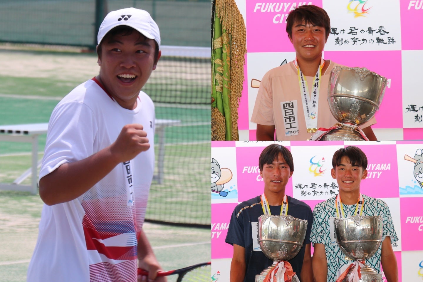 念願の全国タイトルを手にした義基耀（左、右上）。ダブルス優勝の中前孝至朗／岡橋優希（右下）。写真：前道右京（スマッシュ編集部）