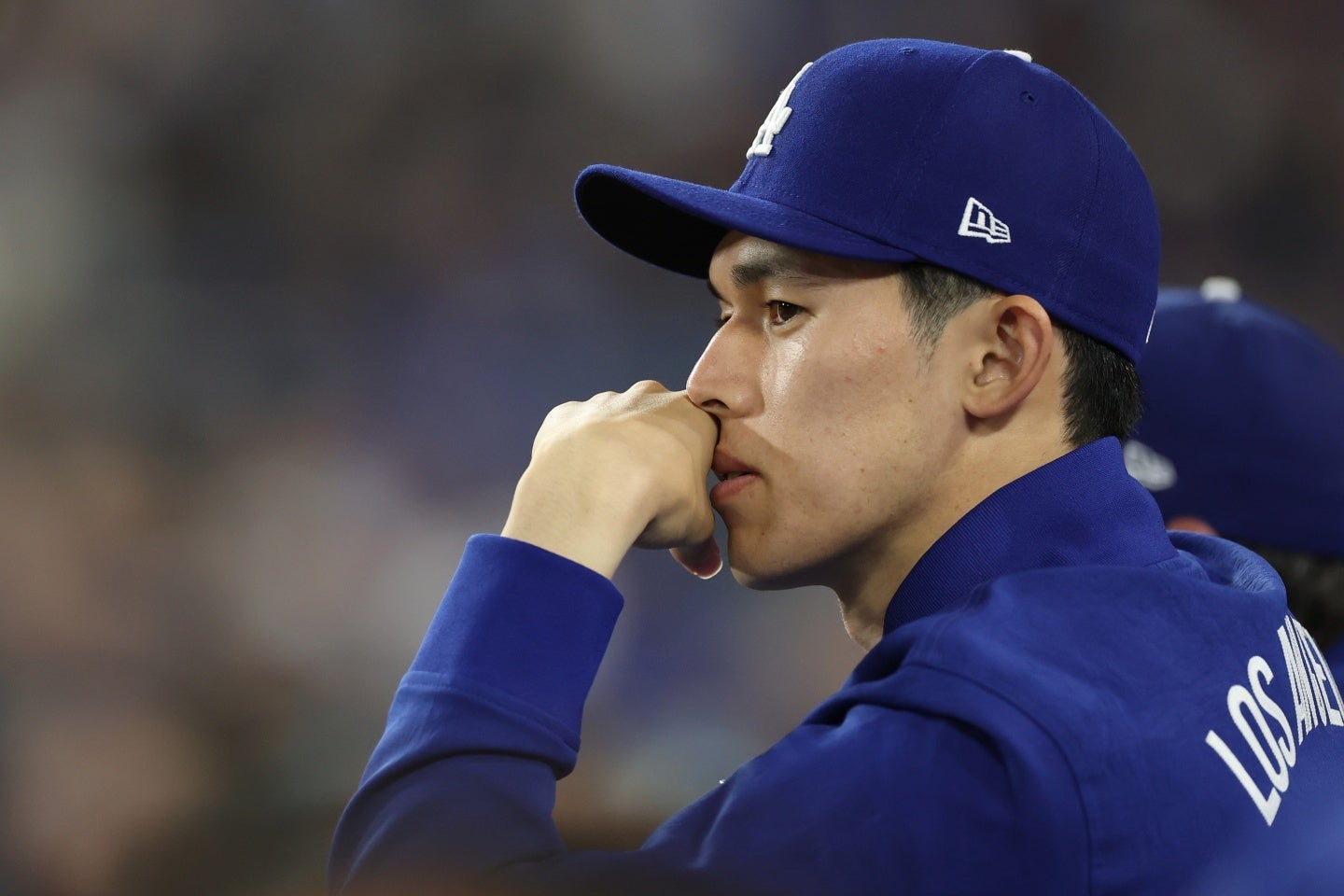 右肩痛のため戦列を離れているドジャースの佐々木。(C)Getty Images