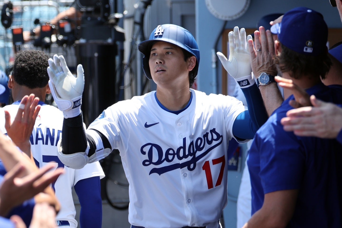 大谷は初回に41号先頭打者アーチを放ち、ベンチでハイタッチの祝福を受けた。(C)Getty Images