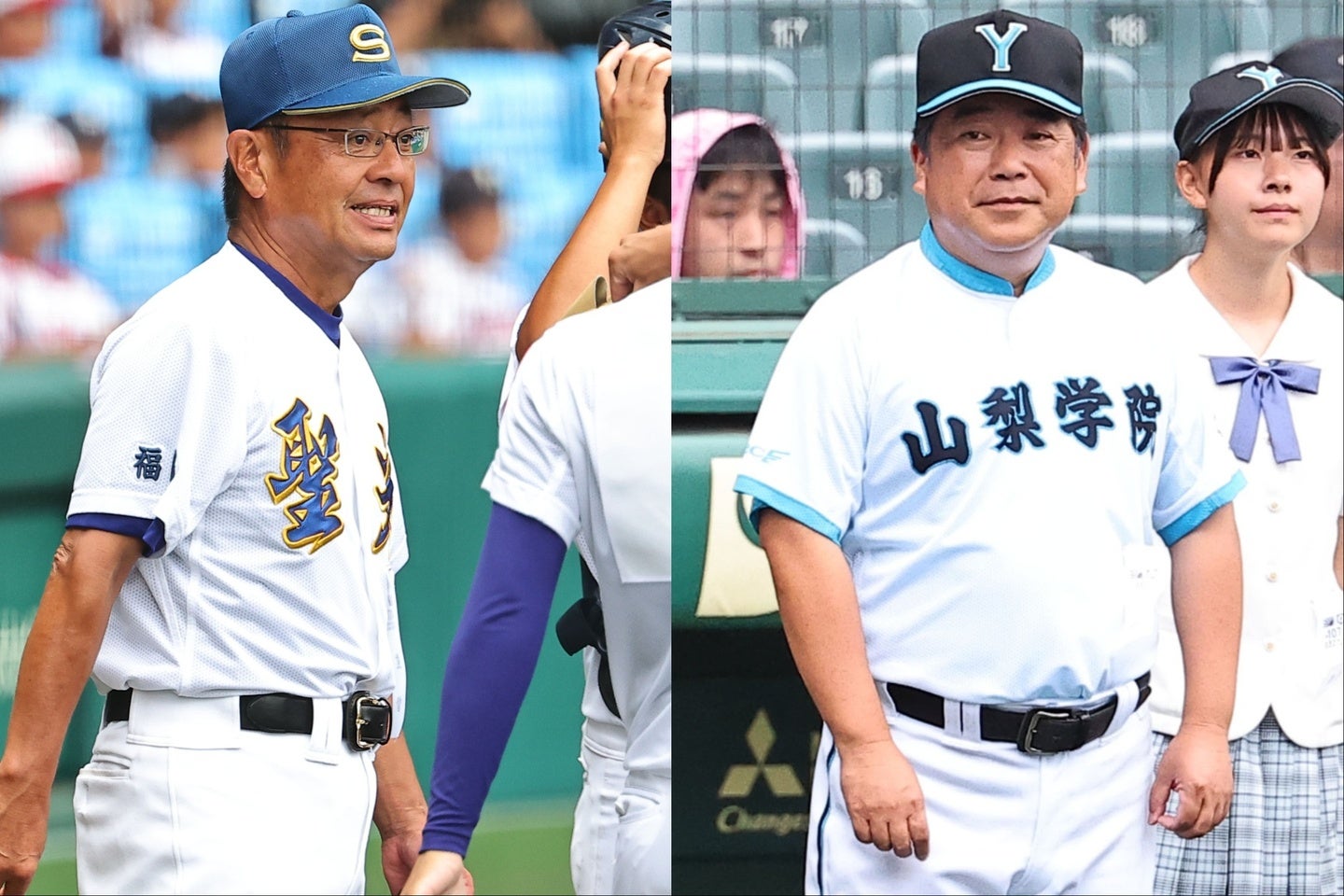 聖光学院の斎藤監督（左）と山梨学院の吉田監督（右）。選手を信頼すべきか、それとも勝負に徹するか、高校野球の指導者に誰しも存在するジレンマの中で、２人の決断の差が勝負を分けた。写真：THE DIGEST写真部
