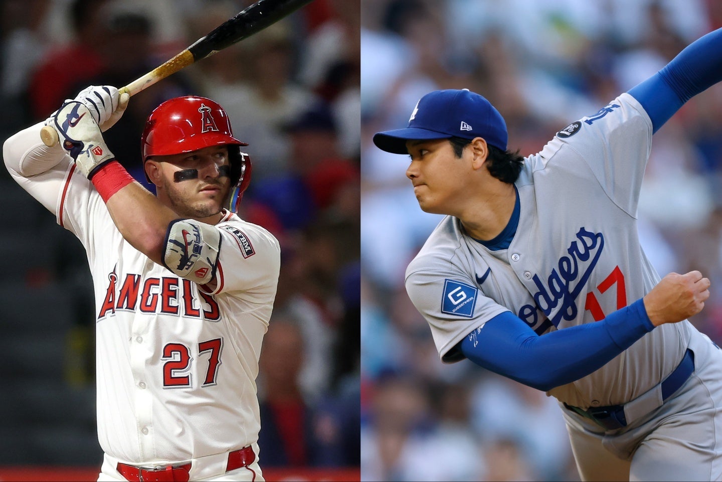 WBC決勝以来の対決となったトラウト（左）と大谷（右）。(C)Getty Images