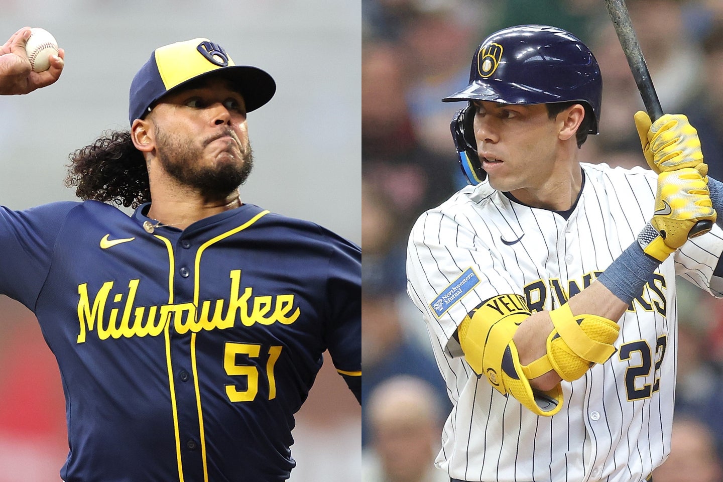 ８月に入って12戦全勝と負けなしのブルワーズ。エースのペラルタ（左）は14勝を挙げ、イェリッチ（右）はリーグ５位の打点81をマークしている。(C)Getty Images
